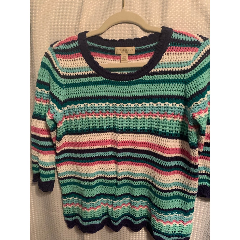Appleseeds Petites Crochet Knit Sweater PS Teal Pink Striped Scalloped Hem 3/4